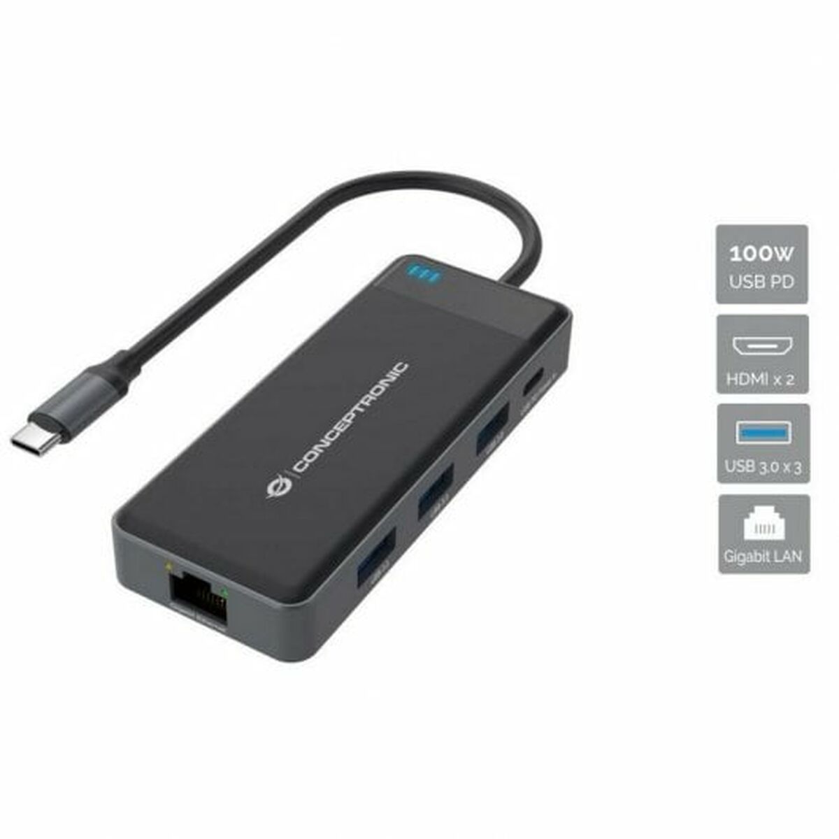 7-Port USB-C Hub Conceptronic 110518107101 Schwarz Grau 100 W (1 Stück)