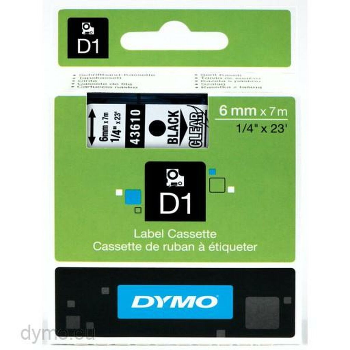 Laminiertes Klebeband zur Kennzeichnung von Maschinen Dymo D1 43610 6 mm LabelManager™ Schwarz Durchsichtig (5 Stück)