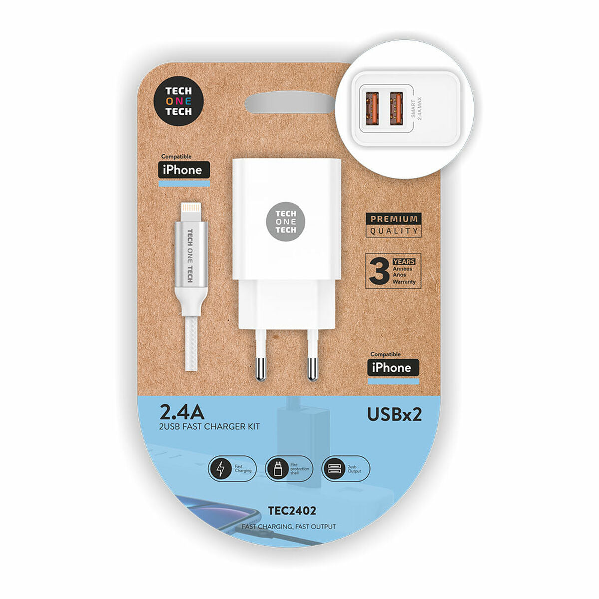Wand-Ladegerät + Lightning-Kabel MFI Tech One Tech Double Lightning Weiß