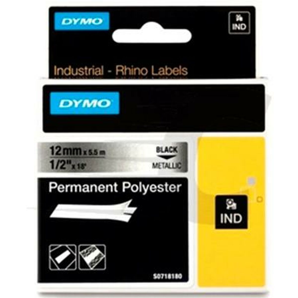 Laminiertes Klebeband zur Kennzeichnung von Maschinen Dymo Rhino Schwarz Silberfarben 12 x 5,5 mm (5 Stück)