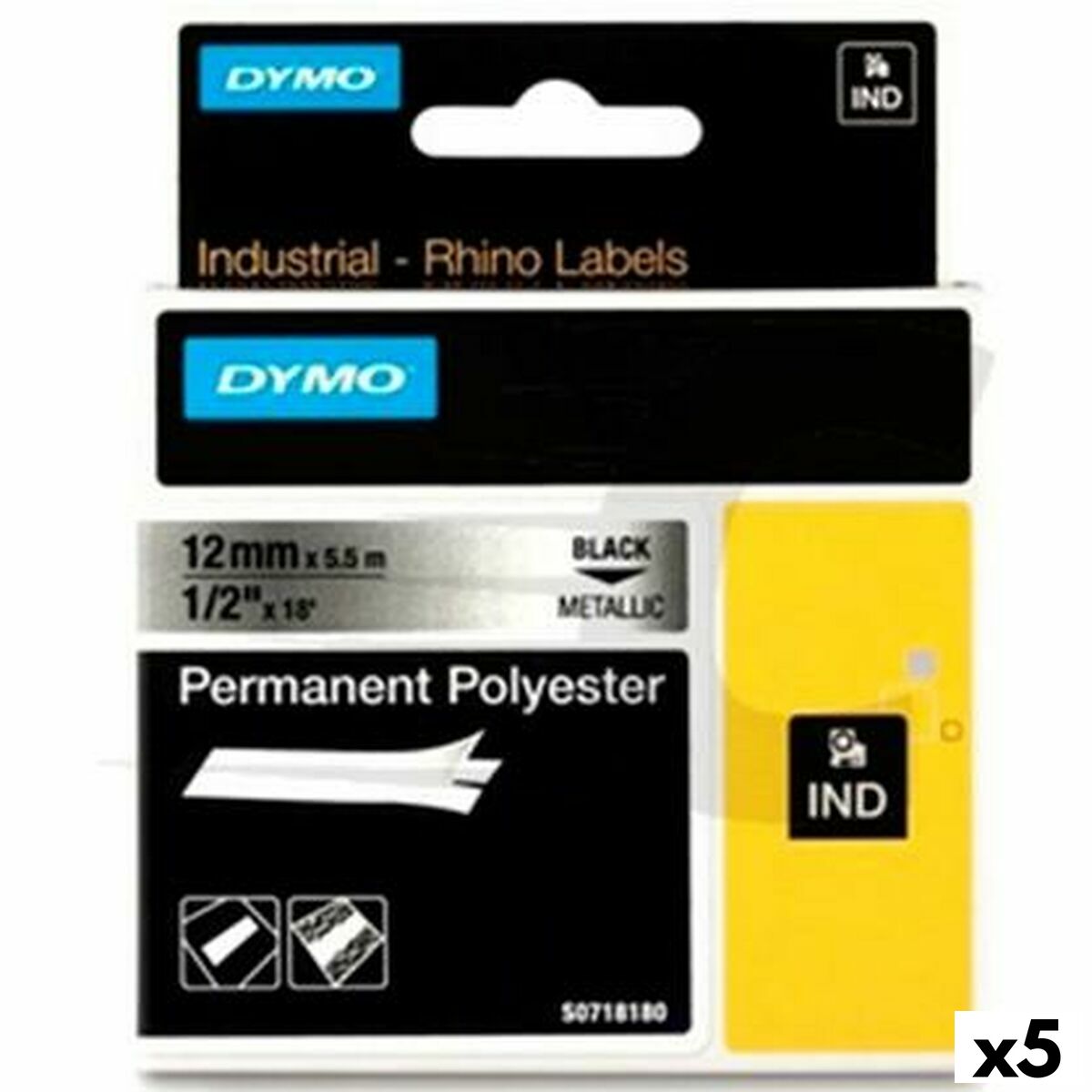 Laminiertes Klebeband zur Kennzeichnung von Maschinen Dymo Rhino Schwarz Silberfarben 12 x 5,5 mm (5 Stück)